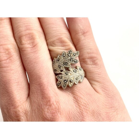 Art Deco Marcasite Foliage Bypass Shank Crossover Milgrain Vintage Ring - sz 7 - Picture 9 of 10